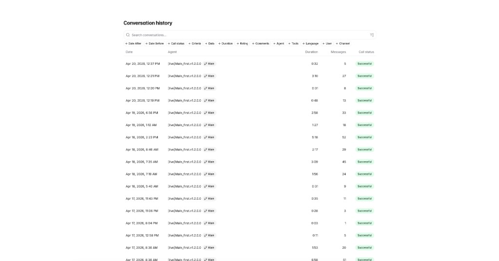 Voicetta conversation history showing every call with date, duration, and status